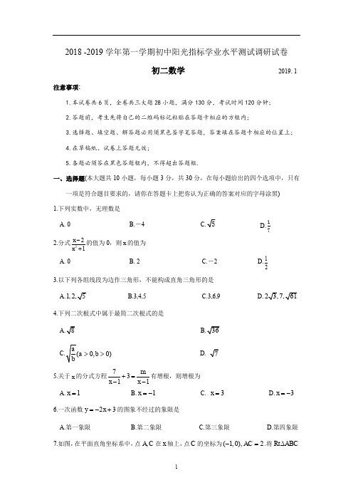 江苏省张家港市2018-2019学年八年级(上)初中阳光指标学业水平测试数学卷(含答案)