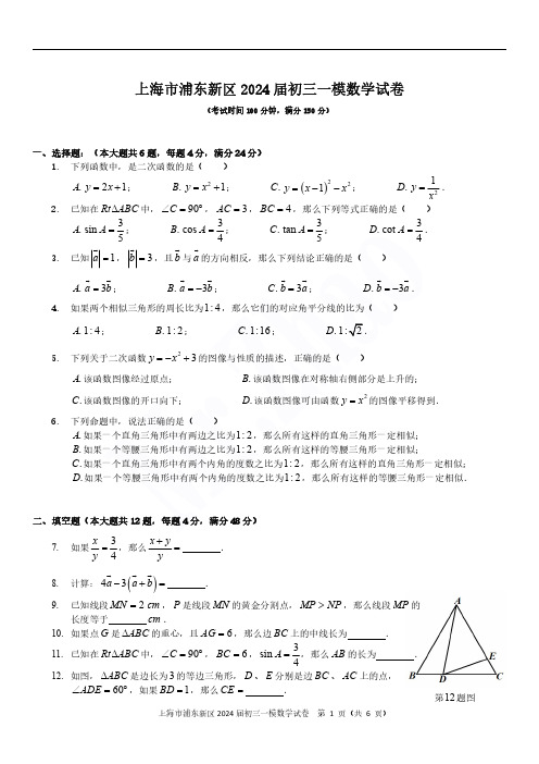 2024届上海市浦东新区初三一模数学试题及答案