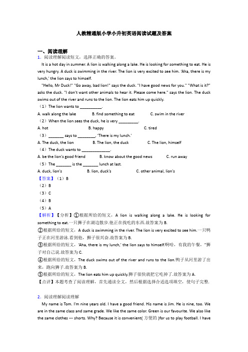 人教精通版小学小升初英语阅读试题及答案