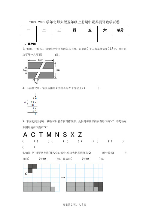 2024-2025学年北师大版五年级上册期中素养测评数学试卷