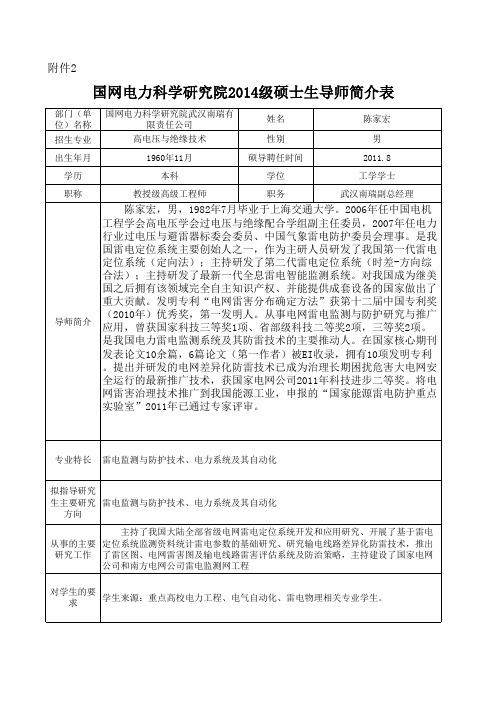 武汉南瑞-陈家宏-国网电力科学研究院2014级硕士生导师简介表