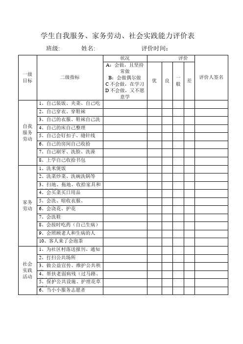 学生自我服务家务劳动社会实践能力评价表档