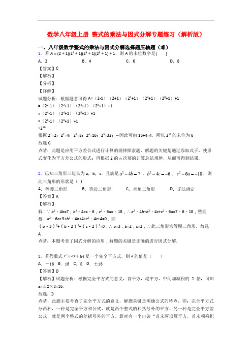 数学八年级上册 整式的乘法与因式分解专题练习(解析版)