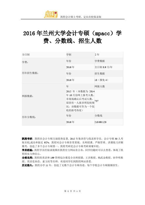 2016年兰州大学会计专硕(mpacc)学费、分数线、招生人数