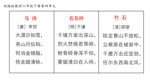 统编语文六年级下册10古诗三首：马诗+石灰吟+竹石