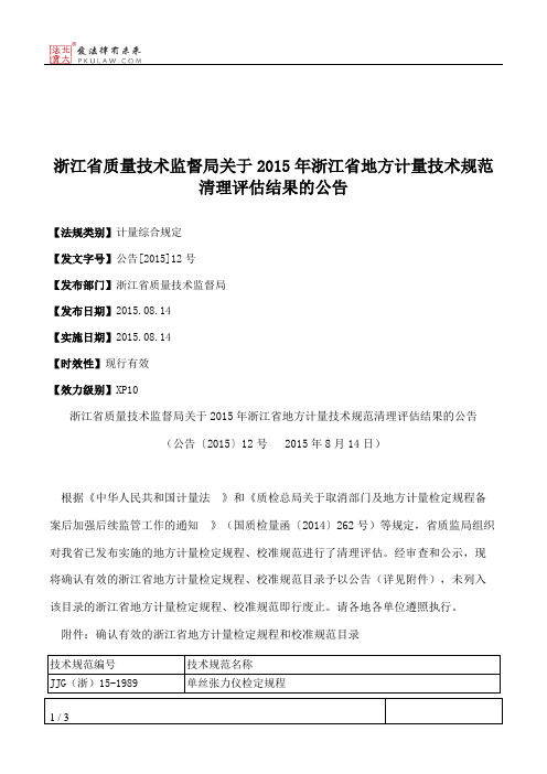 浙江省质量技术监督局关于2015年浙江省地方计量技术规范清理评估