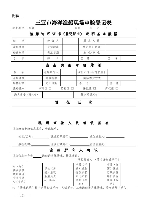 三亚市海洋渔船现场审验登记表