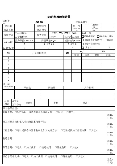 IQC进料检验报告单