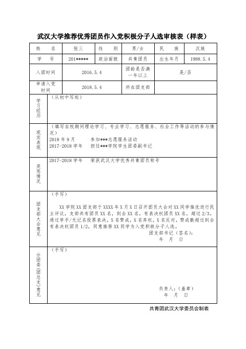 武汉大学推荐优秀团员作入党积极分子人选审核表样表