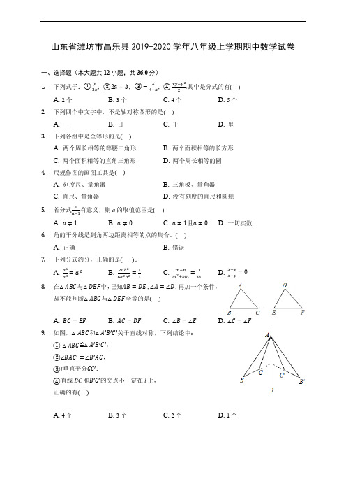 山东省潍坊市昌乐县2019-2020学年八年级上学期期中数学试卷 (有解析)