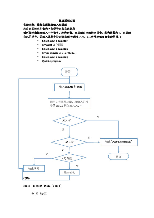 微机原理实验1 编程实现键盘输入和显示