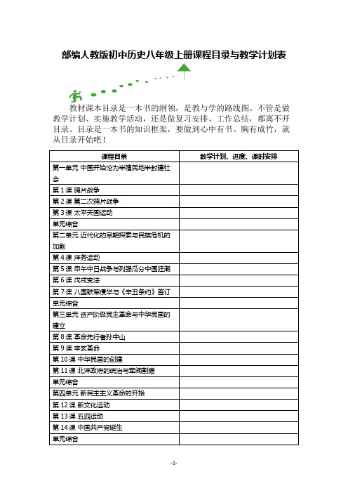 部编人教版初中历史八年级上册课程目录与教学计划表