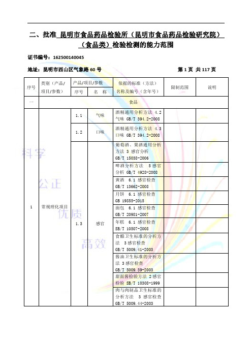 食品类检验检测的能力范围