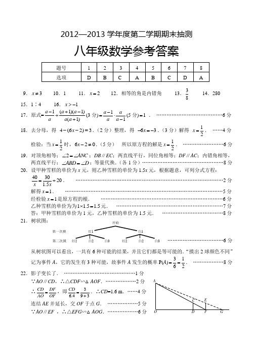 江苏徐州2013年6月八年级期末考试全市统一考试试卷答案