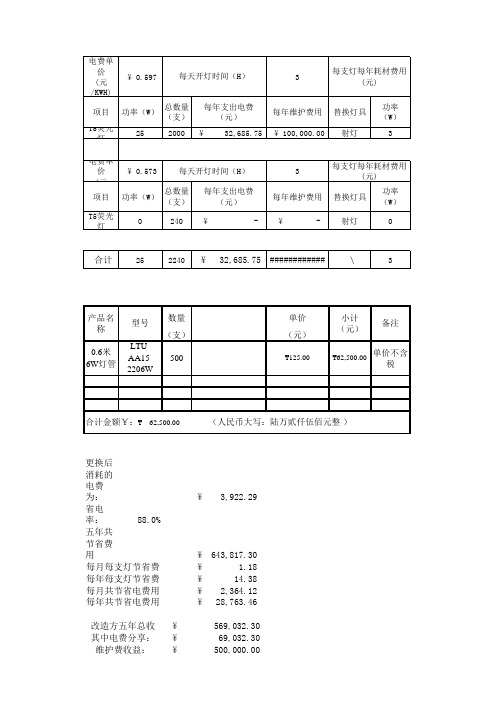 照明EMC能源合同管理节电计算表