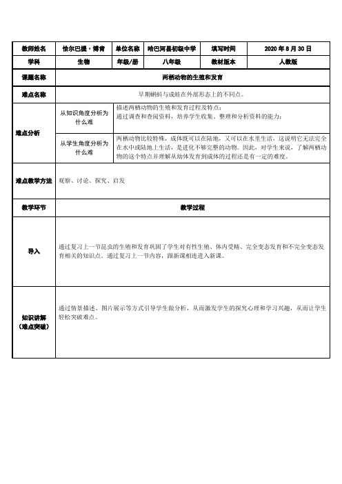 两栖动物的生殖和发育 初中八年级生物下册教案教学设计教学反思 人教版