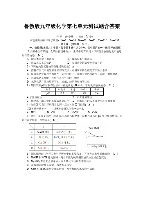 鲁教版九年级化学第七单元测试题含答案