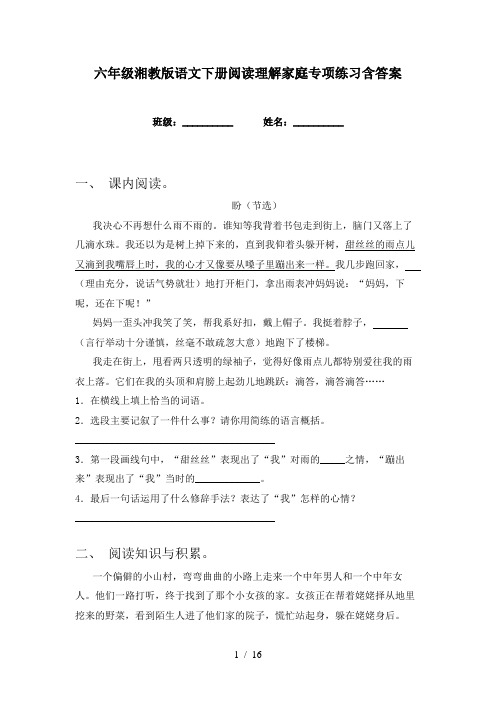 六年级湘教版语文下册阅读理解家庭专项练习含答案