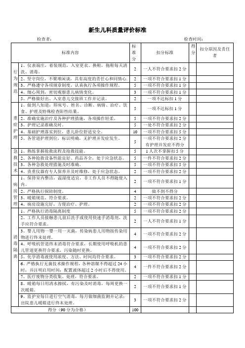 新生儿室护理质量评价标准