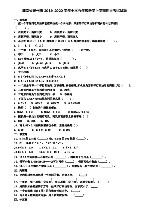 湖南省郴州市2019-2020学年小学五年级数学上学期期末考试试题