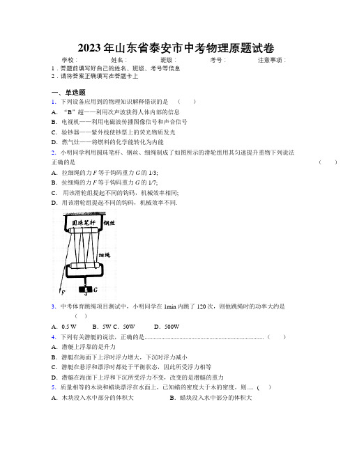 2023年山东省泰安市中考物理原题试卷及解析