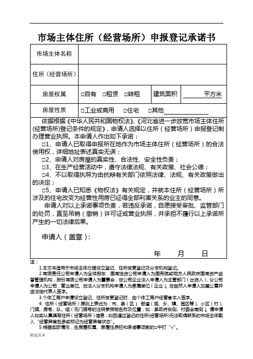 市场主体住所(经营场所)申报登记承诺书