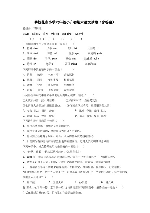 攀枝花市小学六年级小升初期末语文试卷(含答案)