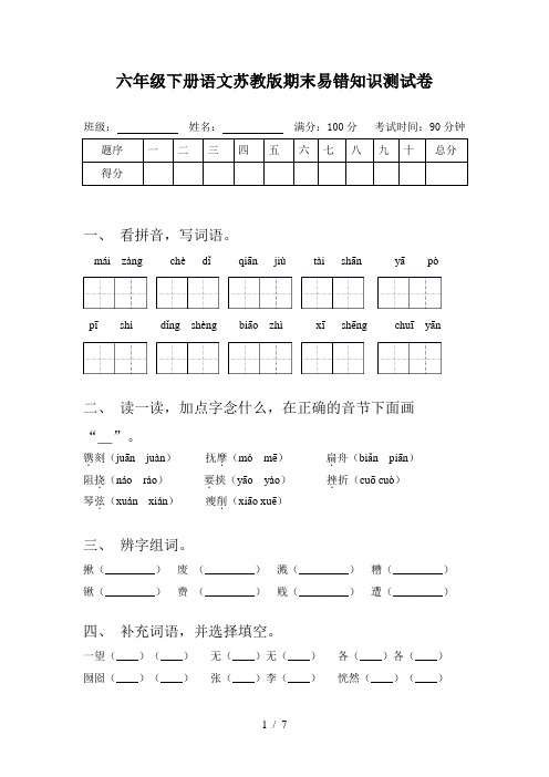 六年级下册语文苏教版期末易错知识测试卷