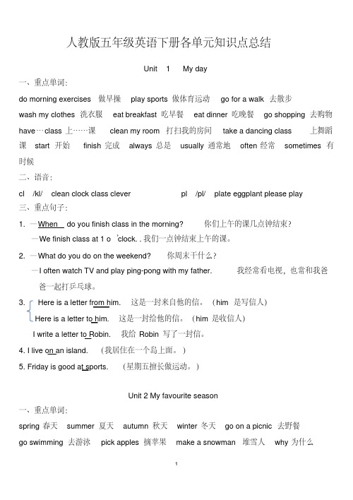 人教版五年级英语下册各单元知识点总结