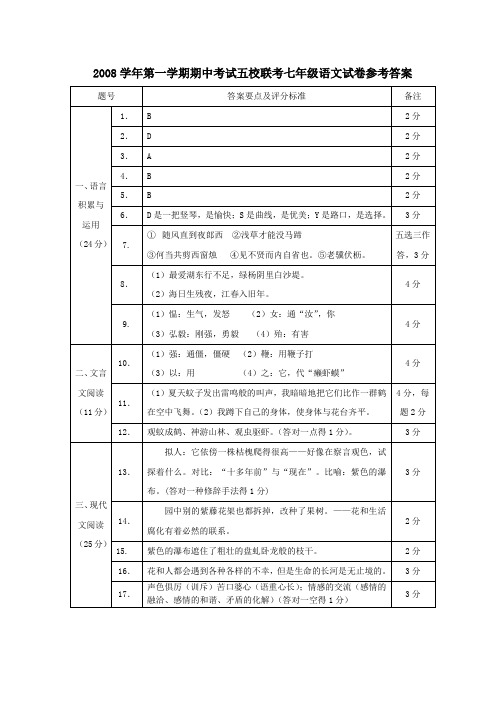 2008学年第一学期期中考试五校联考七年级语文试卷参考