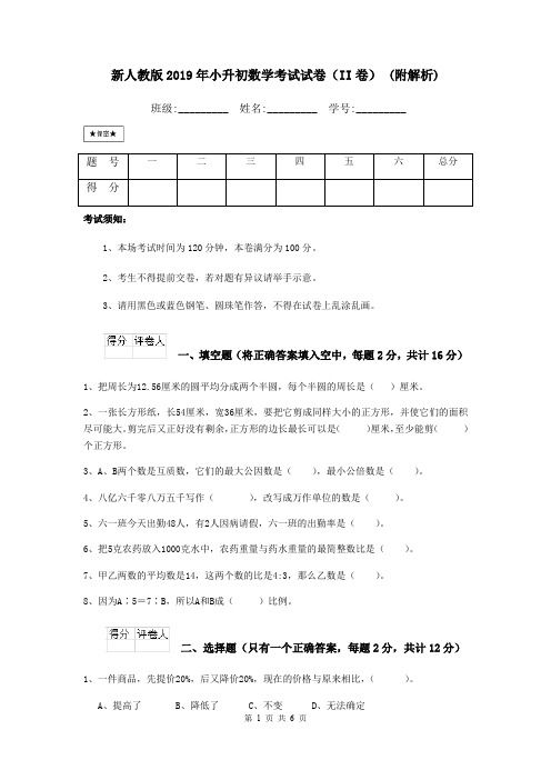 新人教版2019年小升初数学考试试卷(II卷) (附解析)