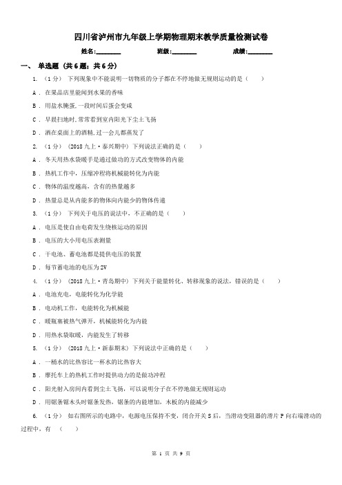 四川省泸州市九年级上学期物理期末教学质量检测试卷