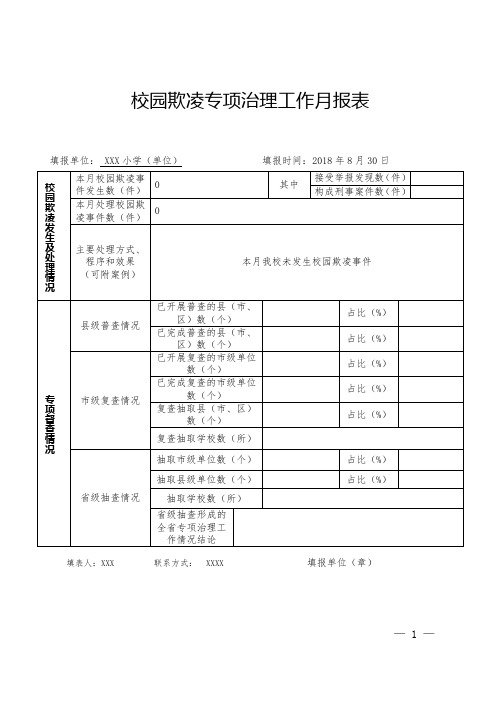 校园欺凌专项治理工作月报表