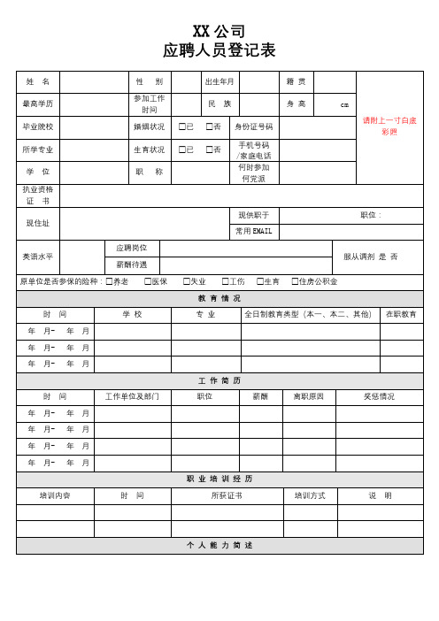 漳州城投建工集团有限公司应聘人员登记表【模板】