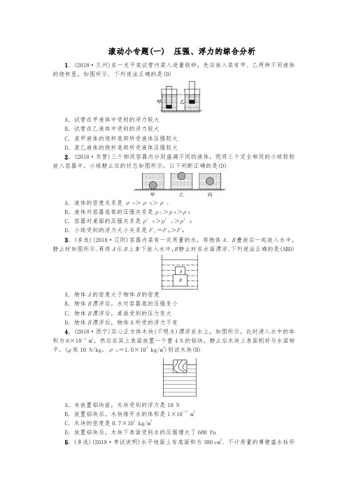 河北专版2018年秋中考物理总复习滚动小专题一压强浮力的综合分析