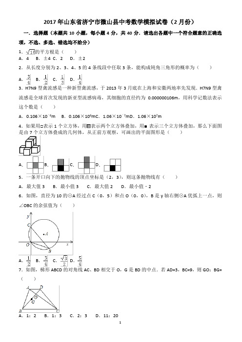 济宁市微山县2017年2月中考模拟数学试卷 有答案