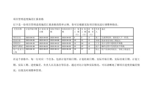 项目管理进度偏差汇报表格