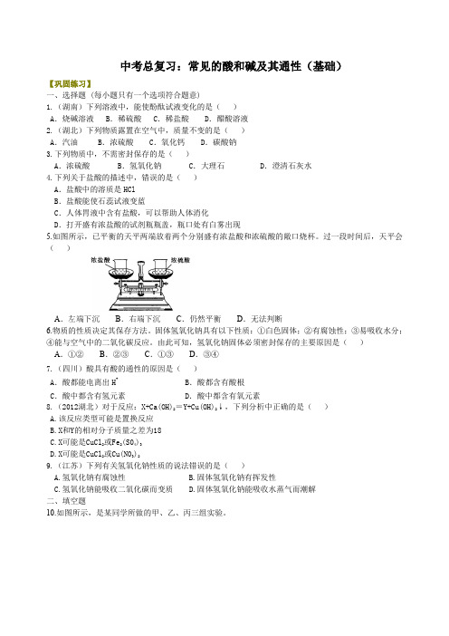 中考总复习：常见的酸和碱及其通性(基础) 巩固练习