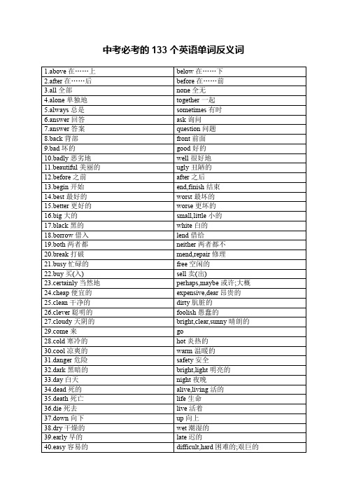 中考必考的133个英语单词反义词