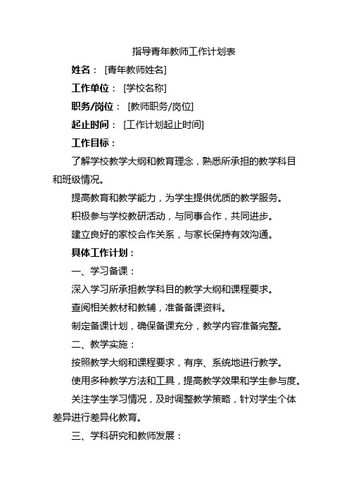 指导青年教师工作计划表