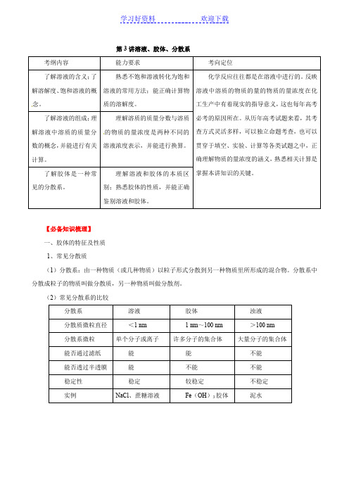 高考化学一轮复习专题 溶液胶体分散系(教师)