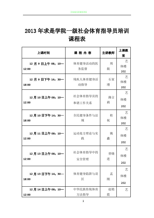 2013年求是学院一级社会体育指导员培训课程表