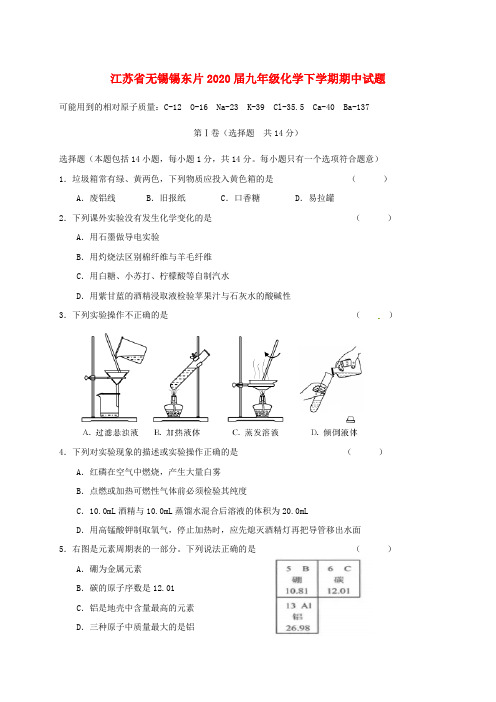 江苏省无锡锡东片2020届九年级化学下学期期中试题