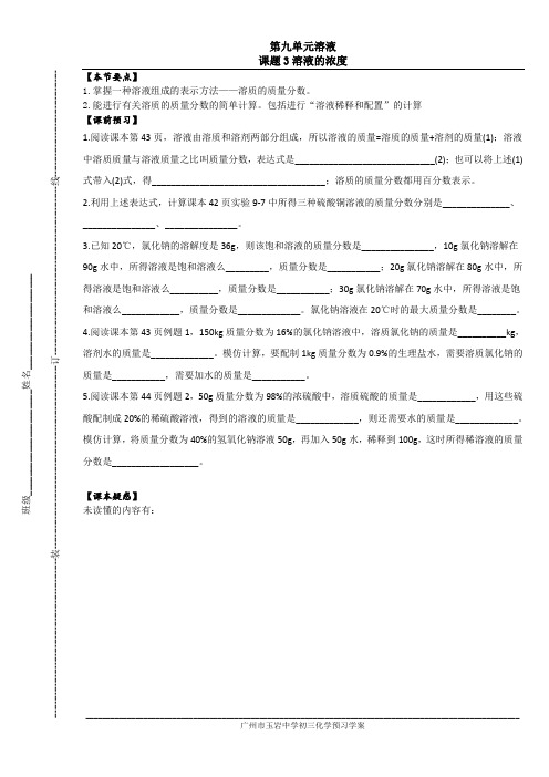 9.3广州市玉岩中学初三化学校本学案和校本作业_第9单元溶液_课题3溶液的浓度