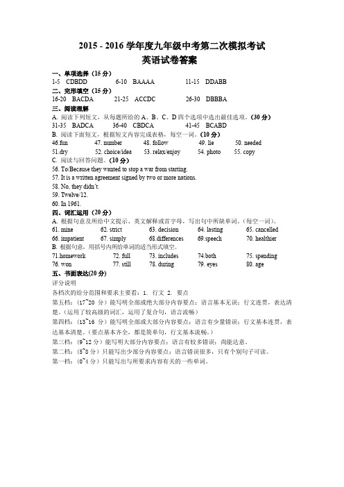 江苏省盐城市毓龙路实验学校2016届九年级中考二模英语试题(PDF版)