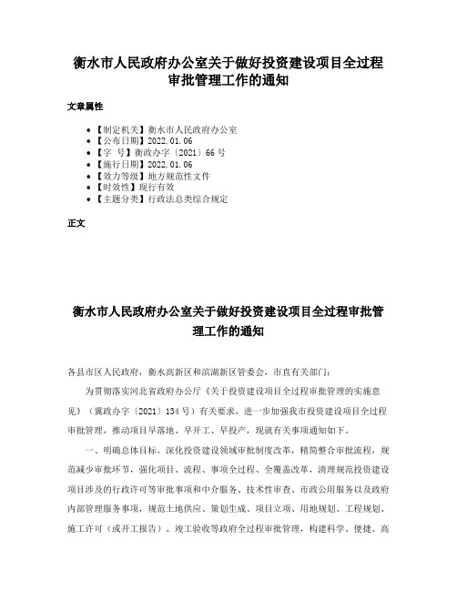 衡水市人民政府办公室关于做好投资建设项目全过程审批管理工作的通知