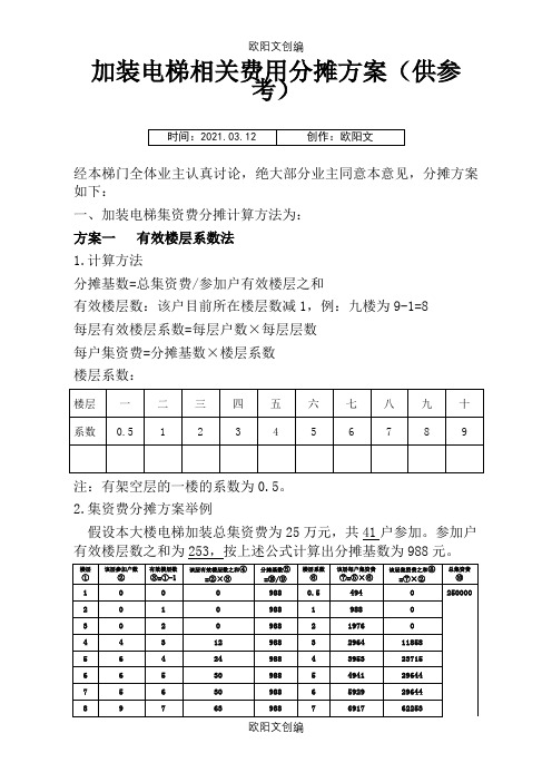 0419旧楼加装电梯集资费分摊方案(3种方案的公式及举例)之欧阳文创编