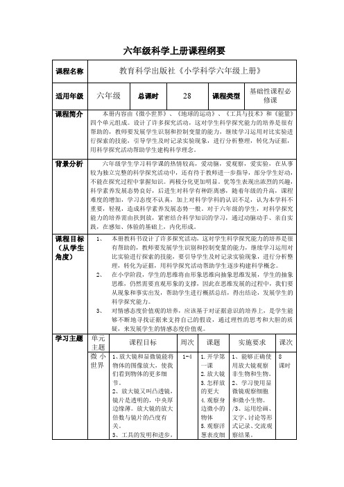 新教科版科学六年级上册课程纲要