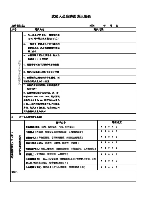 试验人员应聘面试记录