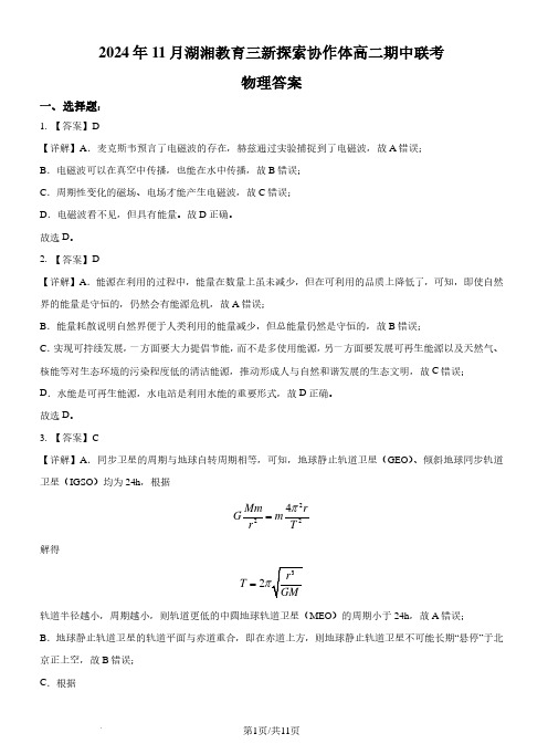 湖湘教育三新探索协作体2024年高二11月期中联考物理答案